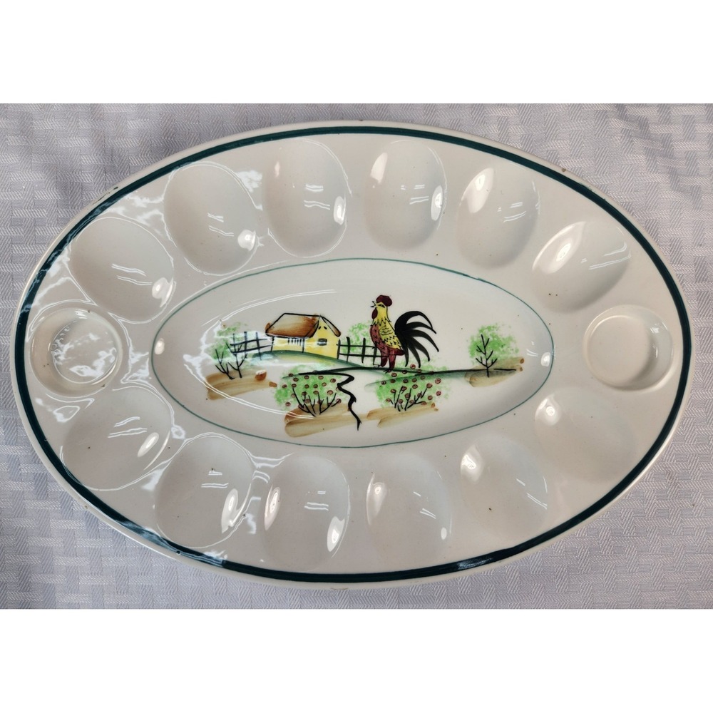 Vintage Deviled Egg Serving Dish Hand Painted Rooster Farm Countryside Design